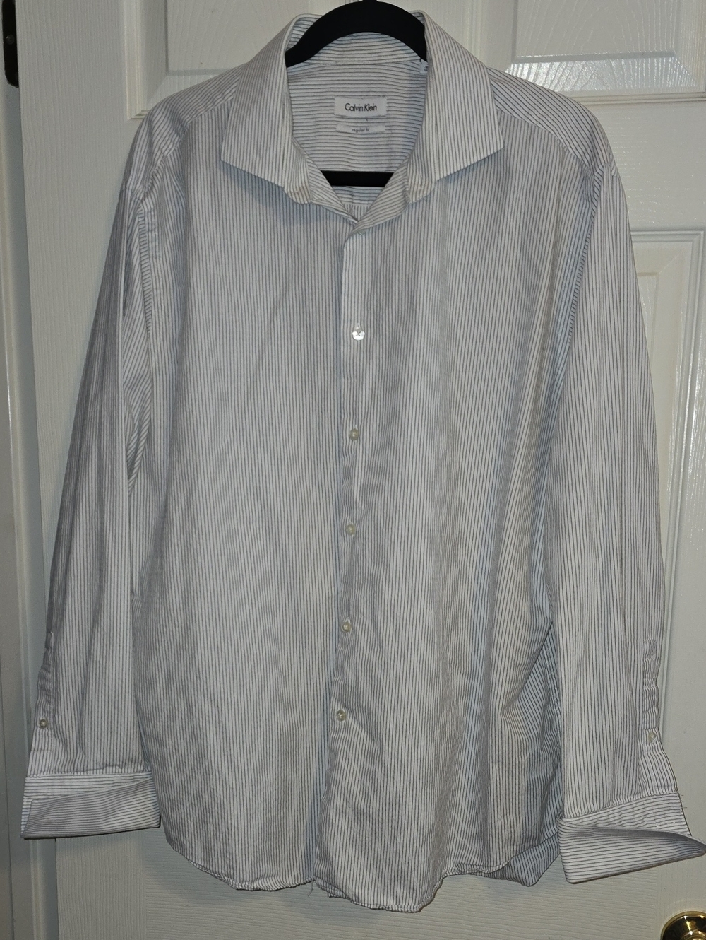 Calvin Klein White Dress Shirt with‎ Thin Blue Pinstripes French Cuff
